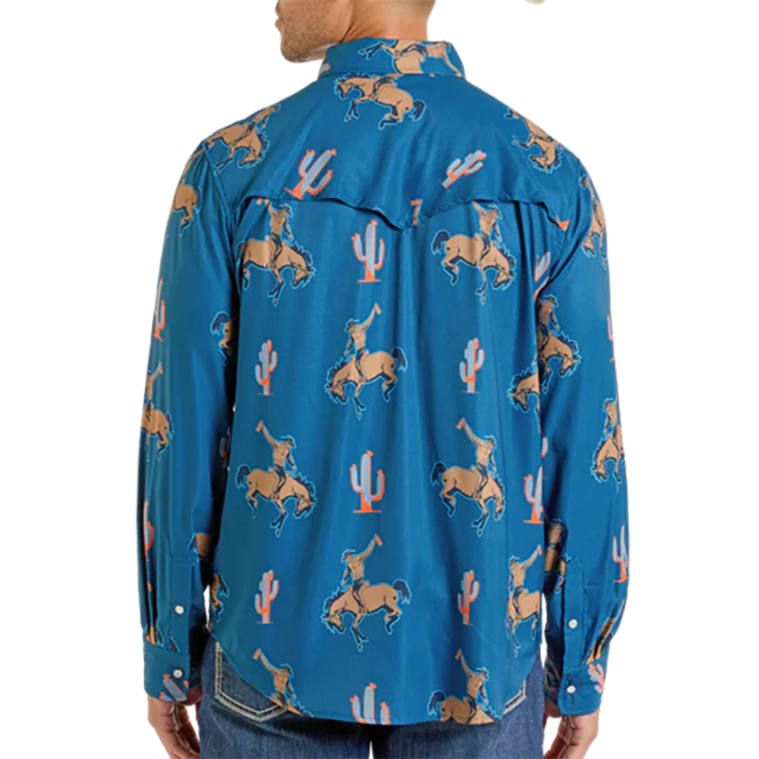 Rock & Roll Denim Men's Cactus And Bronco Print Long Sleeve Snap Shirt