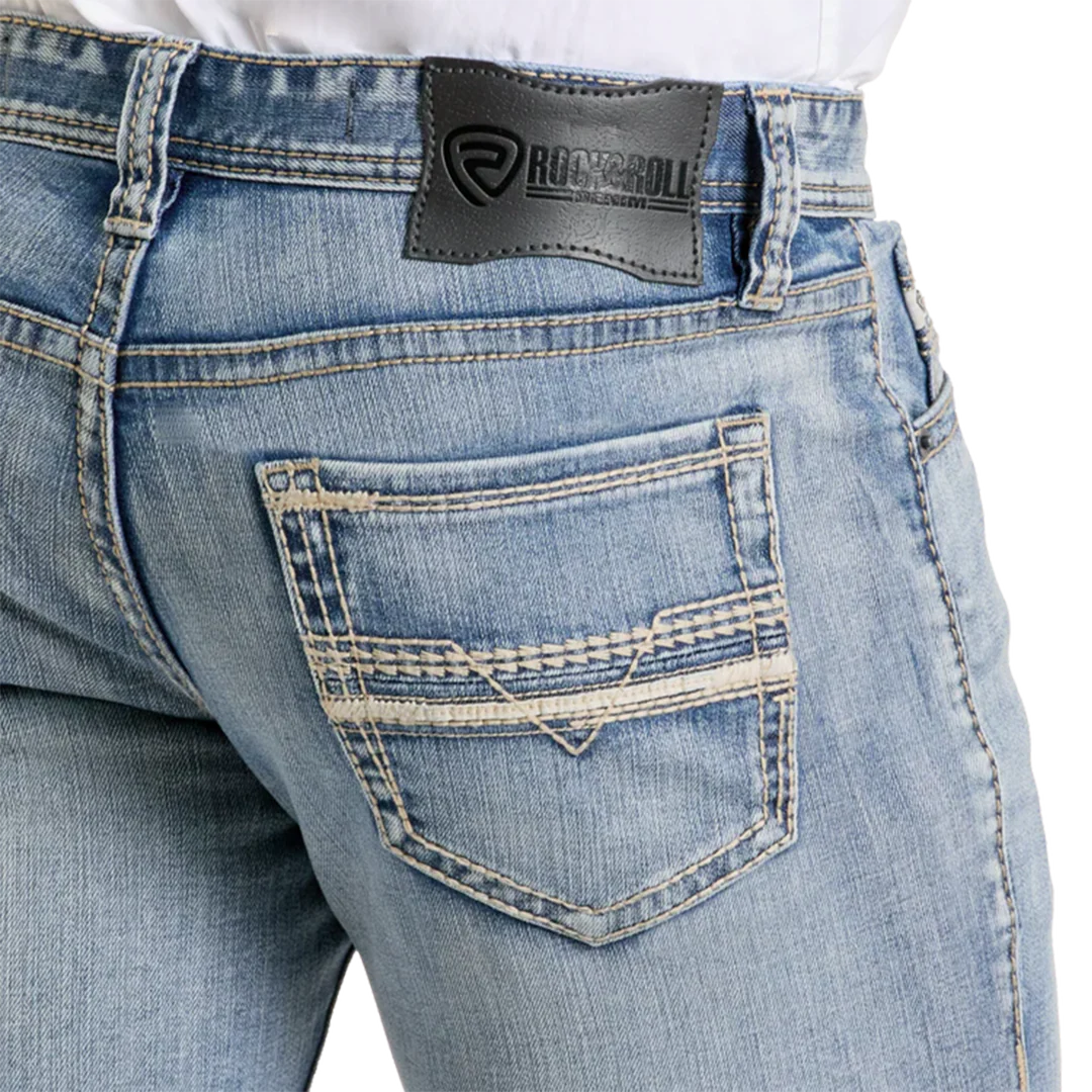 Rock & Roll Denim Men's Slim Fit Leather Stitch Pocket Straight Leg Jeans