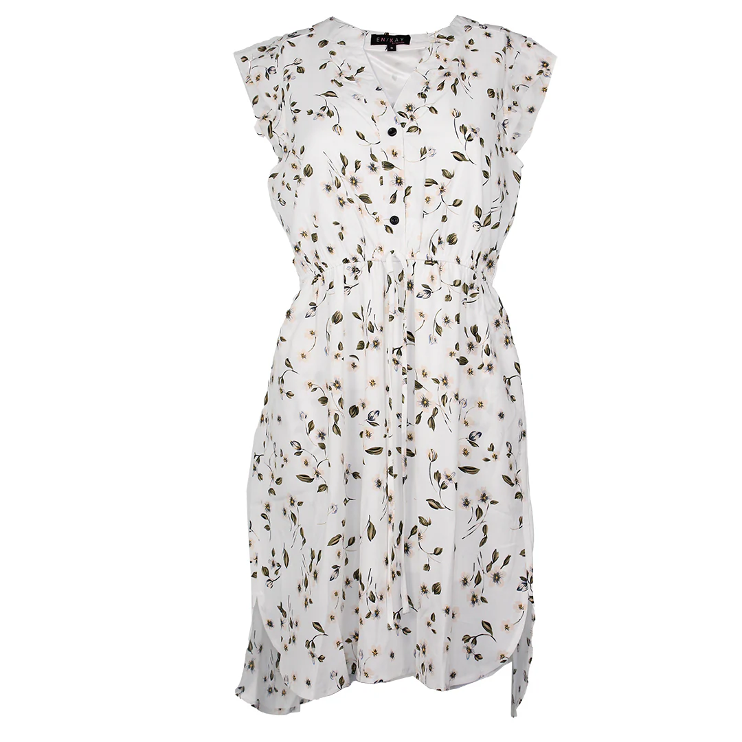 En/Kay Women's White Flower Print Dress