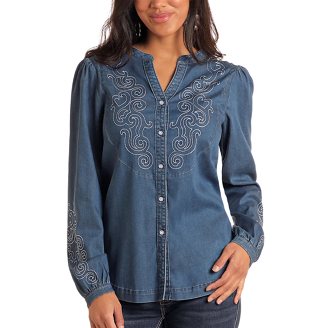 Panhandle Women's Embroidered Chambray Button-Up Blouse