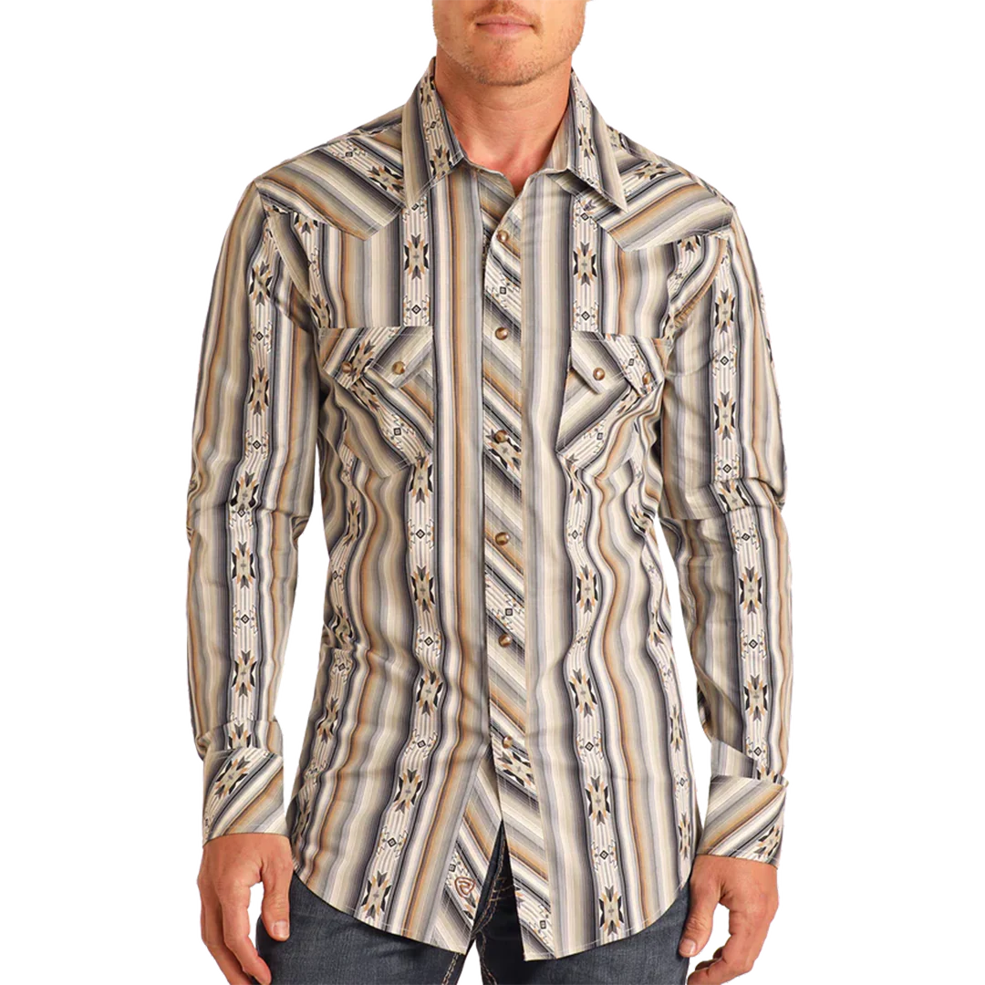 Rock & Roll Denim Men's Striped Aztec Long Sleeve Snap Shirt