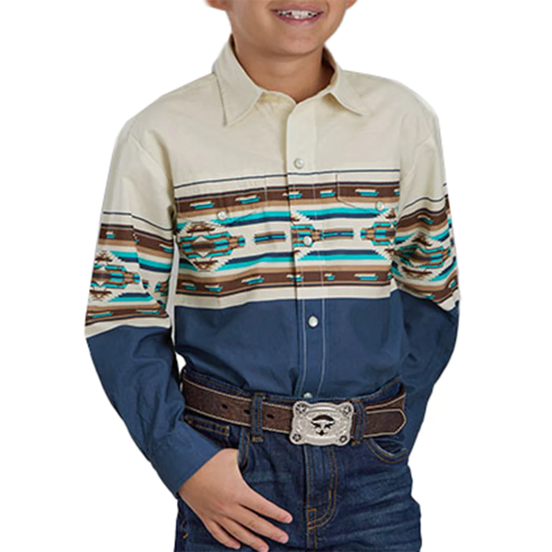 Roper Boys' Aztec Border Print Long Sleeve Snap Shirt