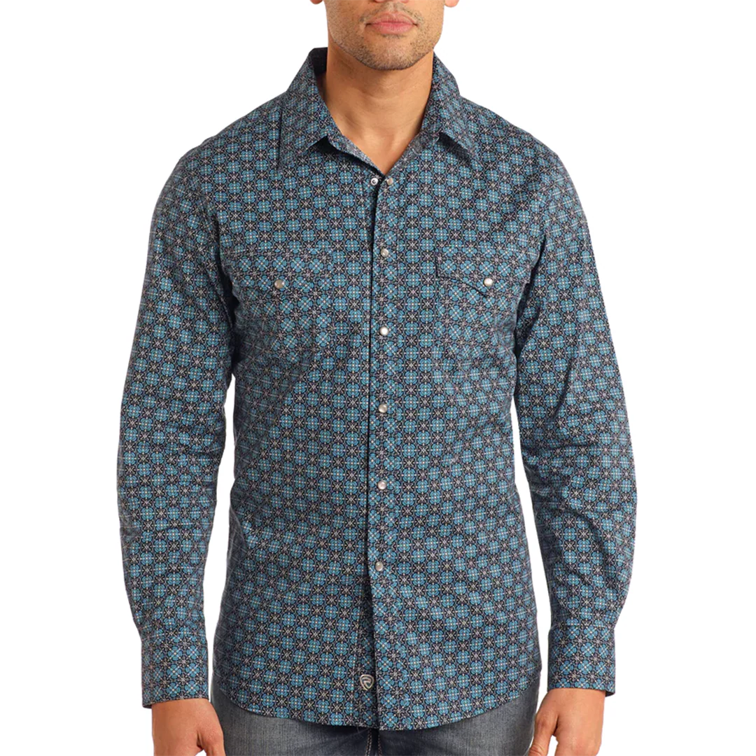 Rock & Roll Denim Men's Medallion Print Long Sleeve Snap Shirt