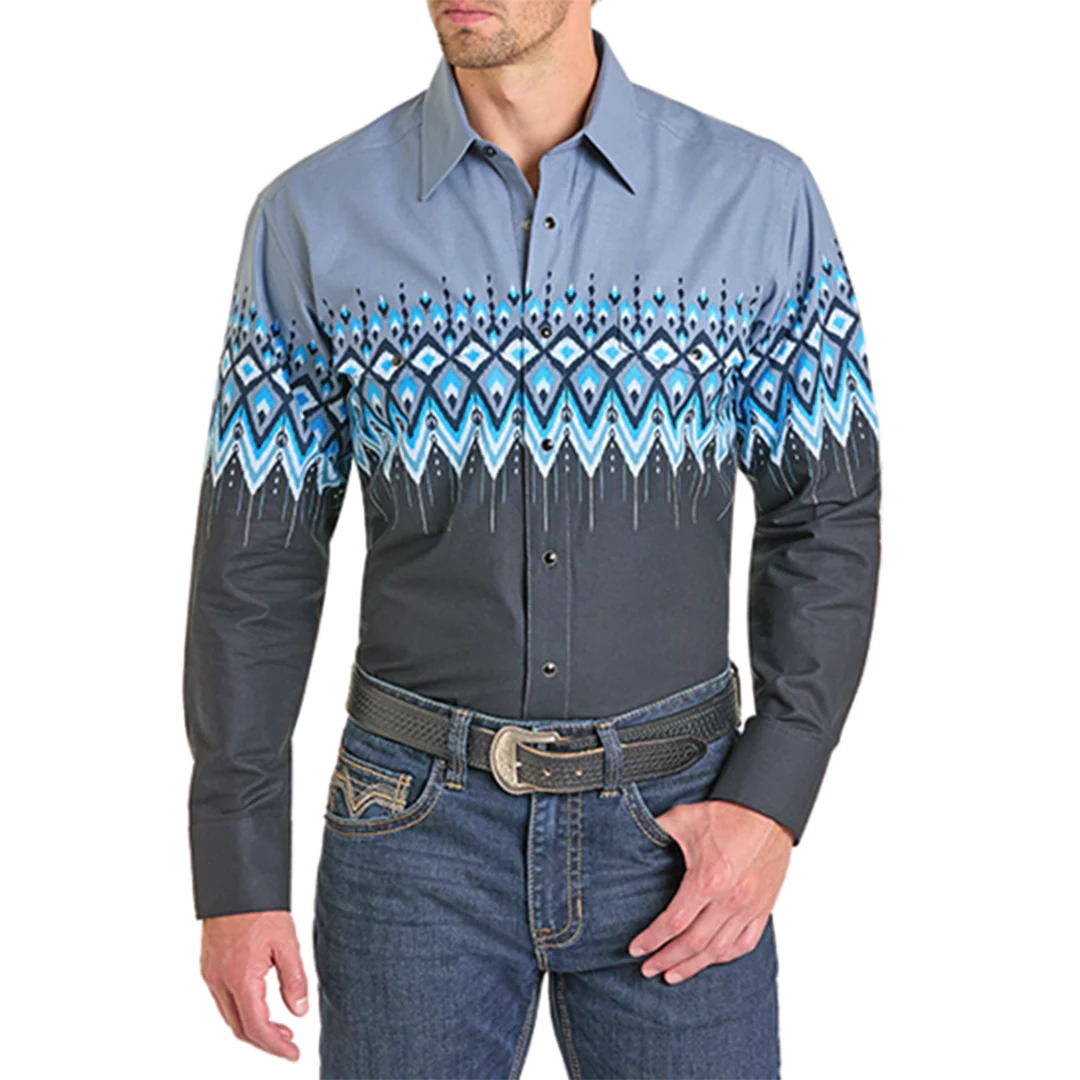 Panhandle Men's Aztec Print Border Long Sleeve Snap Shirt