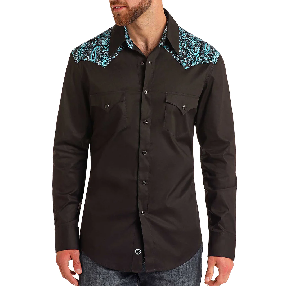 Rock & Roll Denim Paisley Yolk Western Long Sleeve Snap Shirt