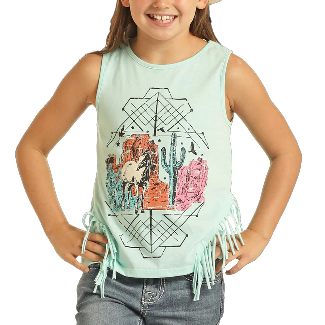Rock & Roll Cowgirl Girls' Desert Graphic Fringe Tank