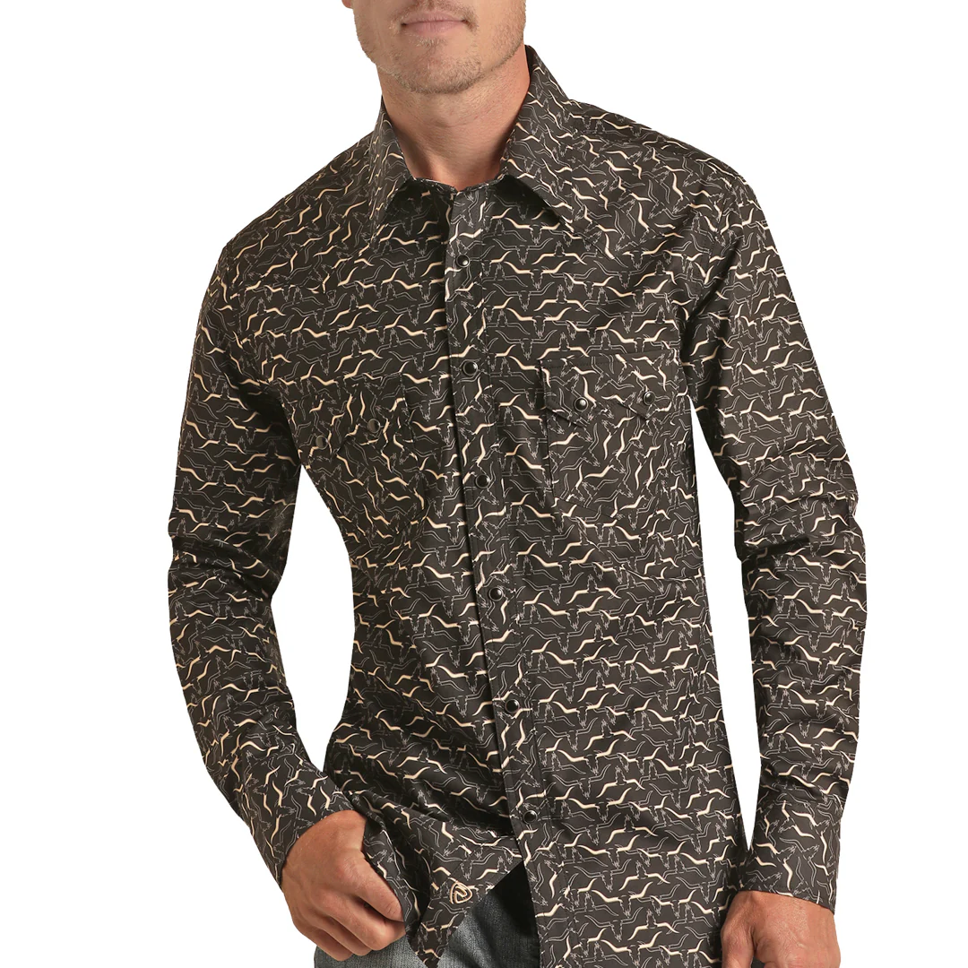 Rock & Roll Cowboy Men's Longhorn Print Snap Shirt