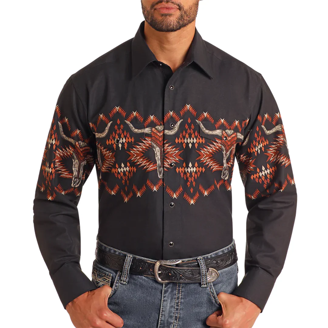 Panhandle Men's Longhorn Aztec Print Long Sleeve Snap Shirt