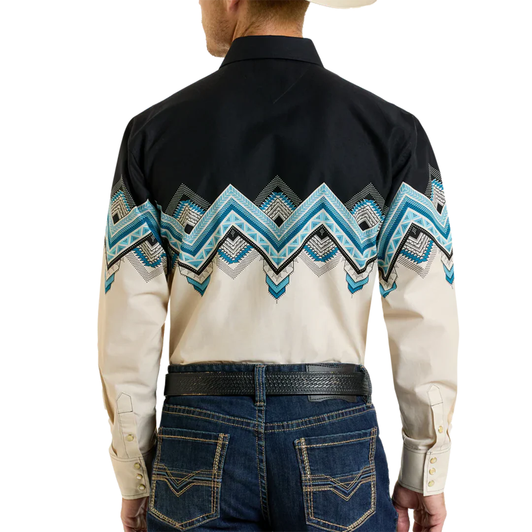 Panhandle Men's Mini Chevron Aztec Print Border Long Sleeve Snap Shirt