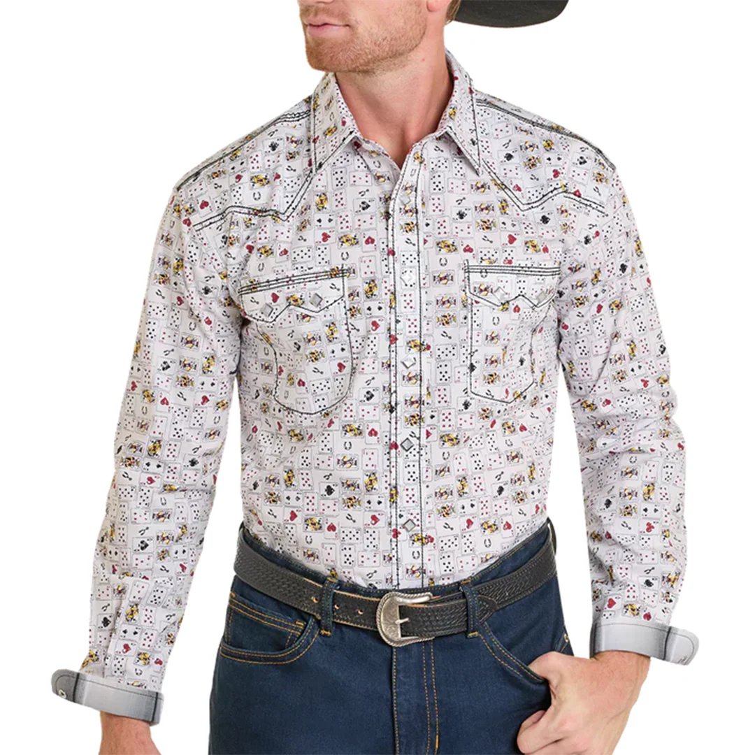 Rough Stock Men's Card Print Long Sleeve Snap Shirt
