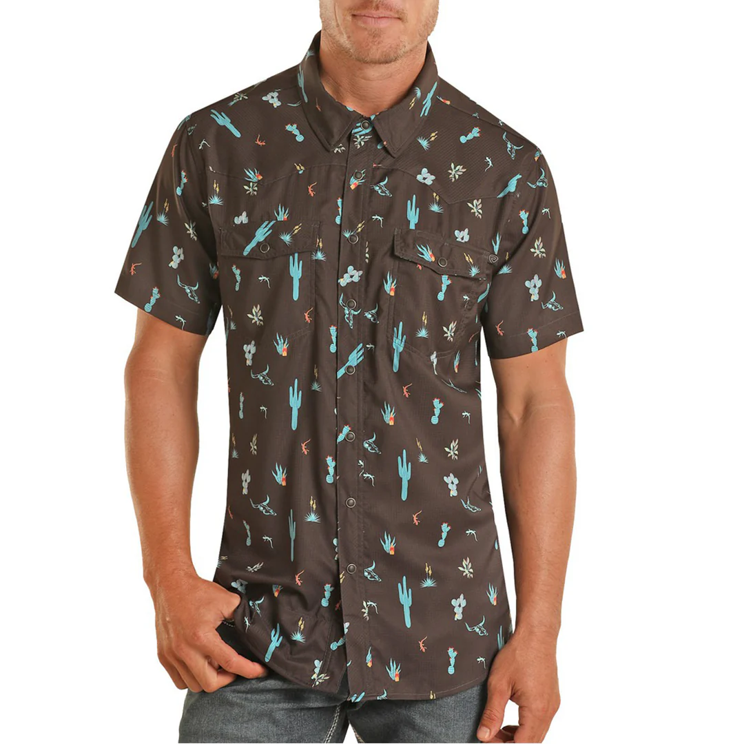 Rock & Roll Cowboy Men's Tek Western Cactus Print Short Sleeve Snap Shirt