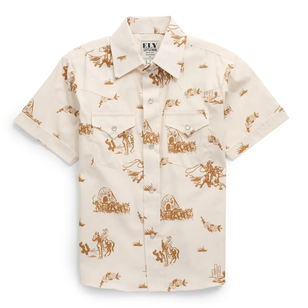 Ely Cattleman Boys' Cowboy Print Short Sleeve Snap Shirt