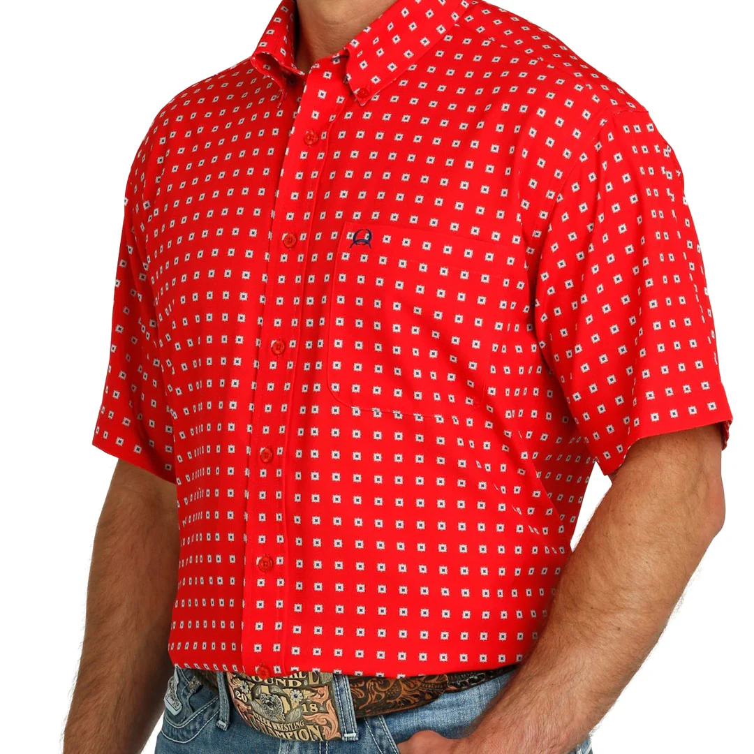 Cinch Men's Short Sleeve Geo Print Button-Down Shirt In Red