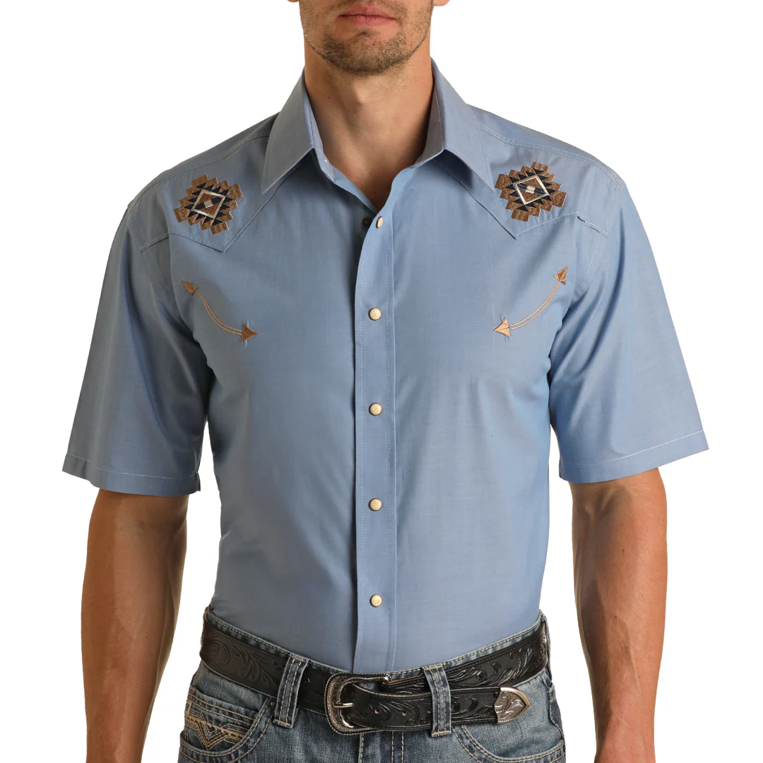 Rough Stock Men's Aztec Embroidered Short Sleeve Snap Shirt In Blue