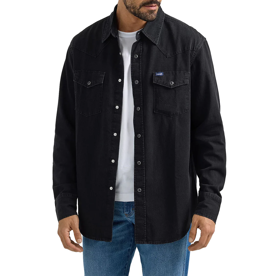 Wrangler Men's Classic Black Denim Long Sleeve Snap Shirt