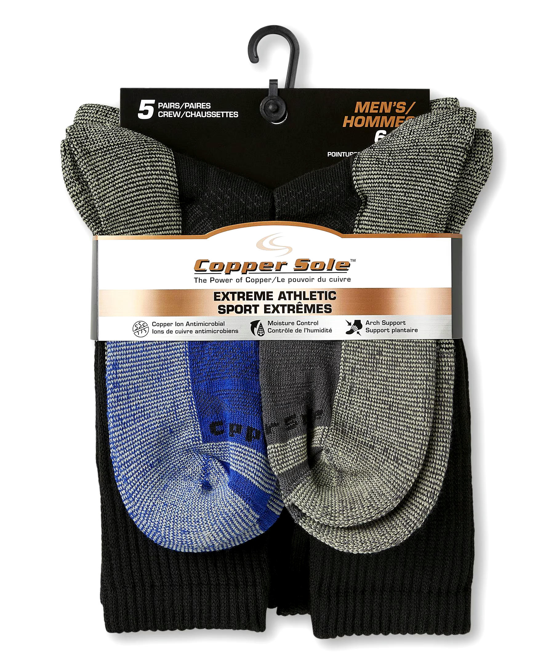 Copper Sole Men's 5 Pack Extreme Atheletic Crew Socks