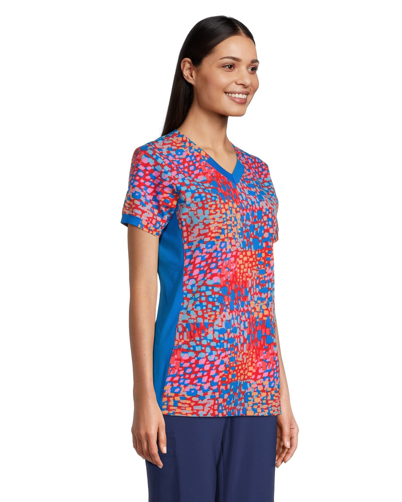 Scrubletics Women's V-Neck Kangaroo Pocket Printed Scrub Top