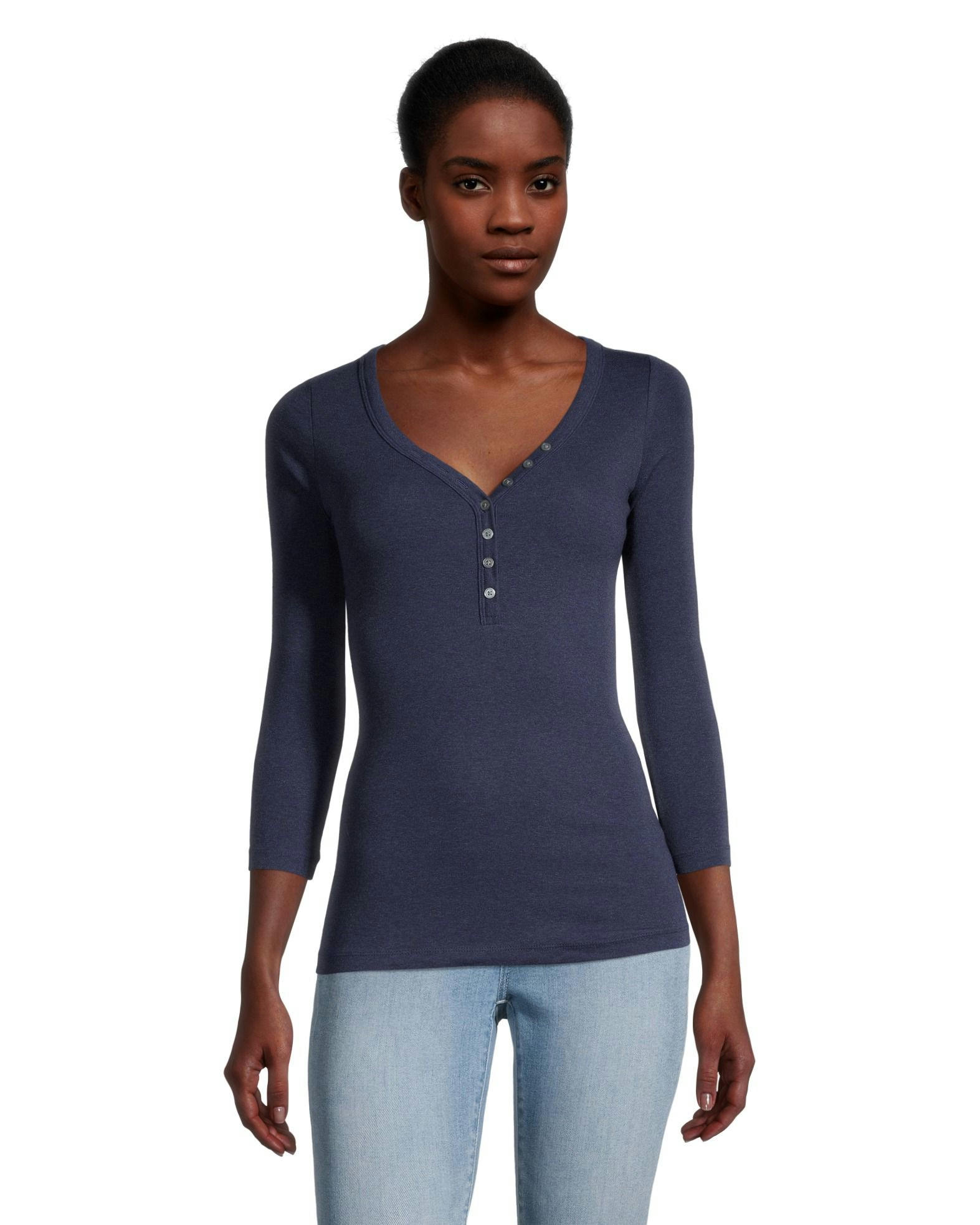 Denver Hayes Women's Three Quarter Sleeve Fitted Henley T Shirt