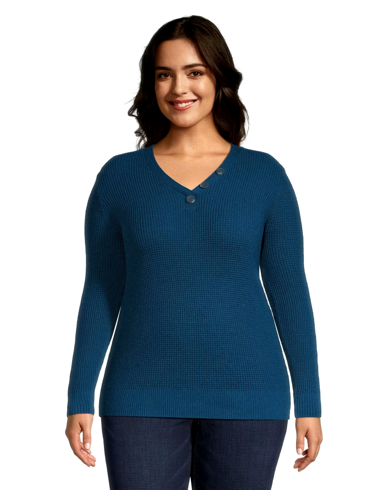 Denver Hayes Women's Fitted Long Sleeve V Neck Waffle Henley Sweater