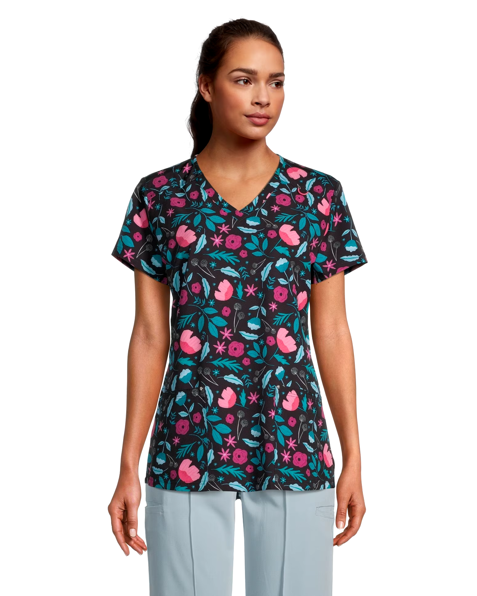 HEALTH PRO Women's V-Neck May Flowers Print Scrub Top