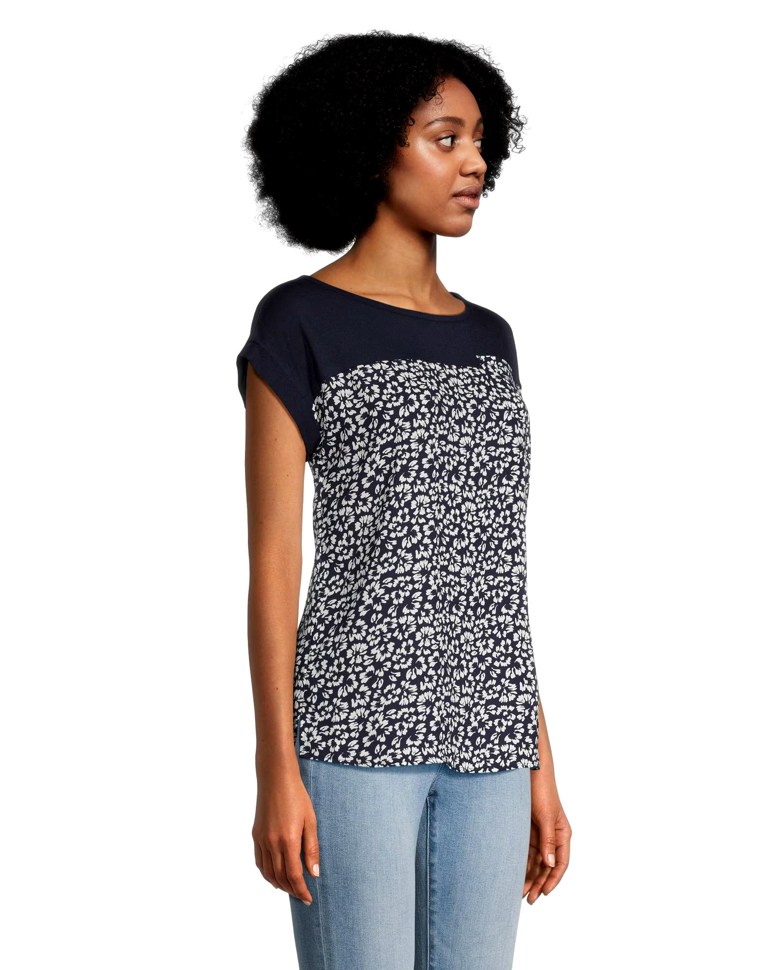 Denver Hayes Women's Mixed Media Printed Short Sleeve Blouse