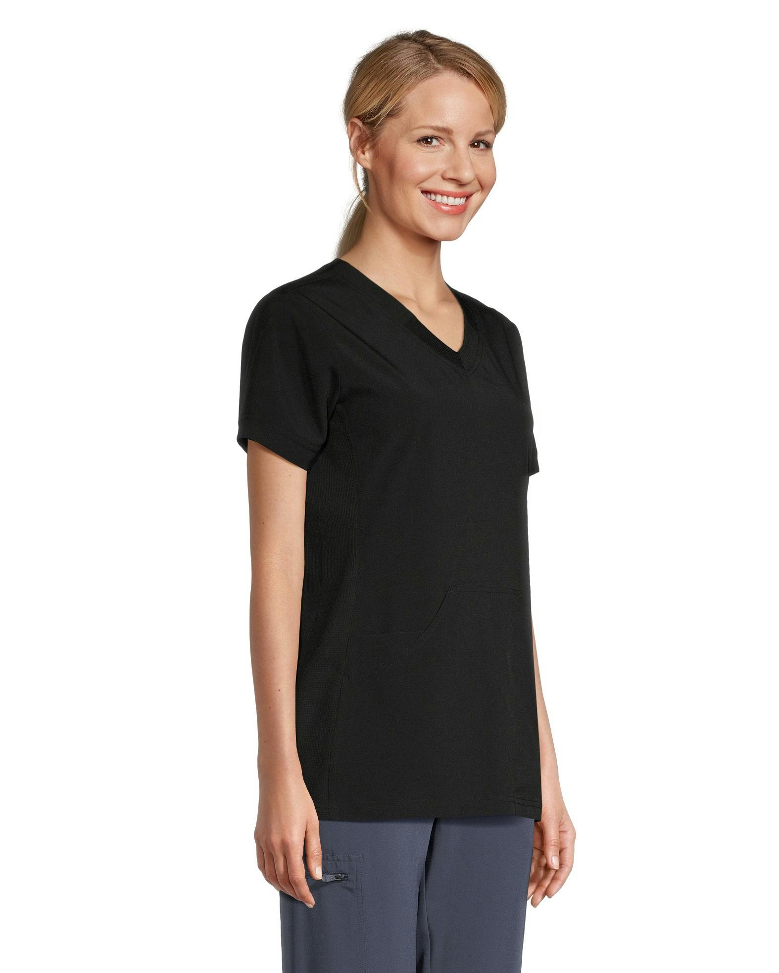 Scrubletics Women's V-Neck Athletic Kangaroo Pocket Scrub Top - Black