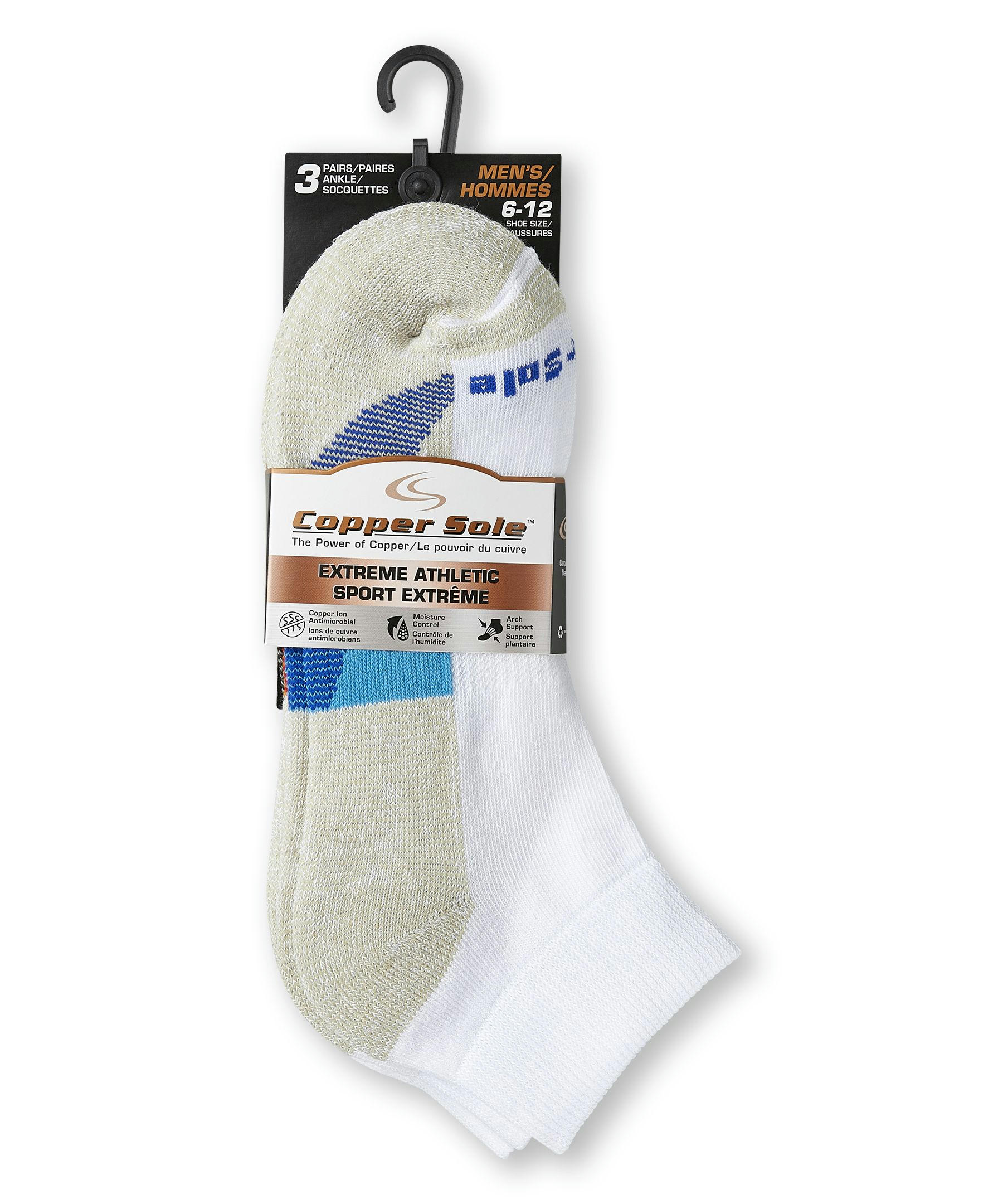 Copper Sole Men's 3 Pack Extreme Athletic Ankle Socks with Moisture Guard