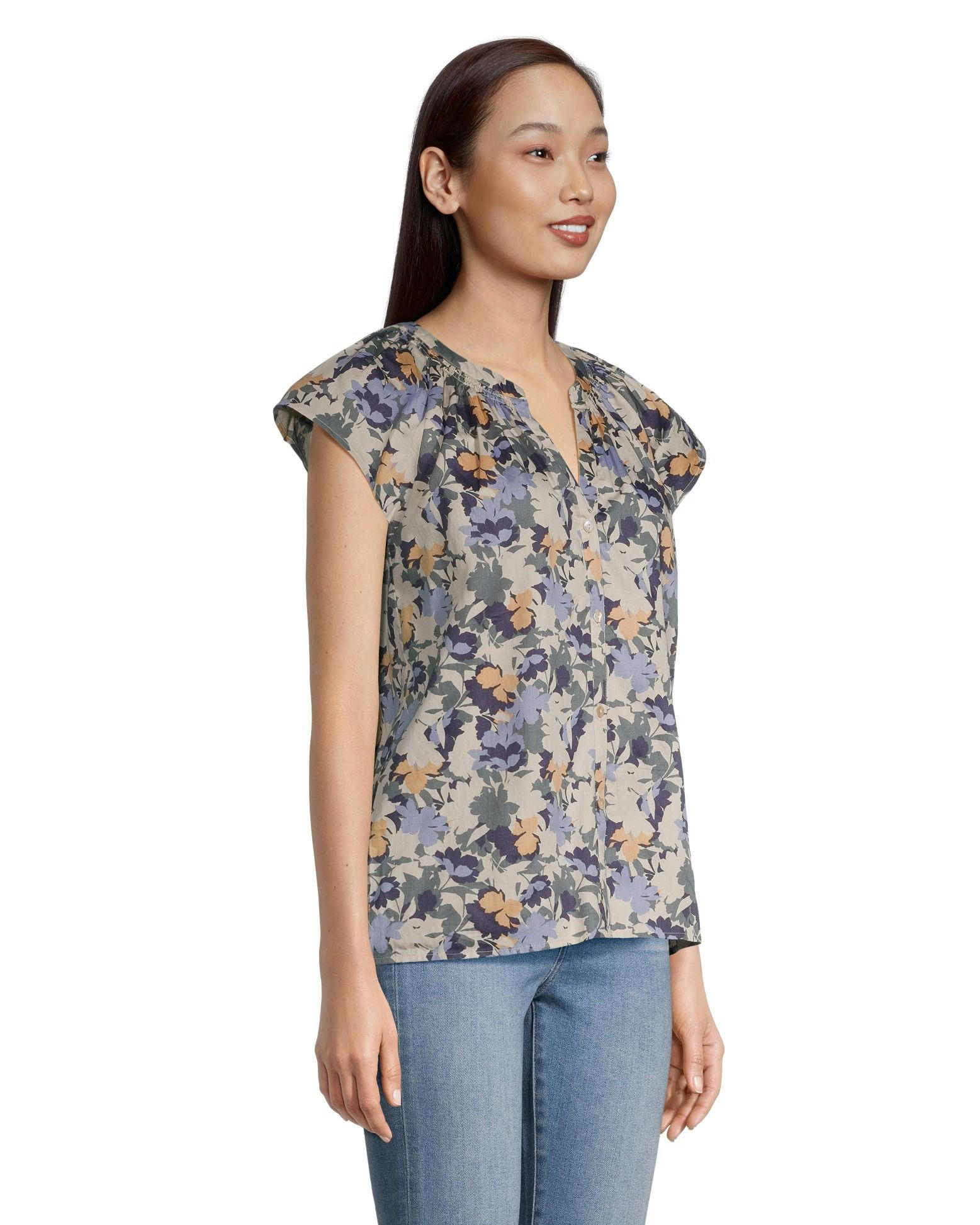 Denver Hayes Women's Button-Up Short Sleeve Semi-Fitted Cotton Blouse