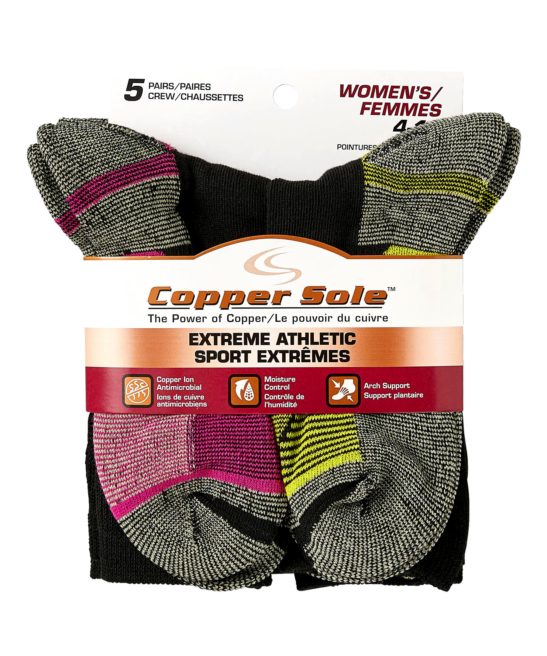 Copper Sole Women's 5 Pack Extreme Athletic Crew Socks