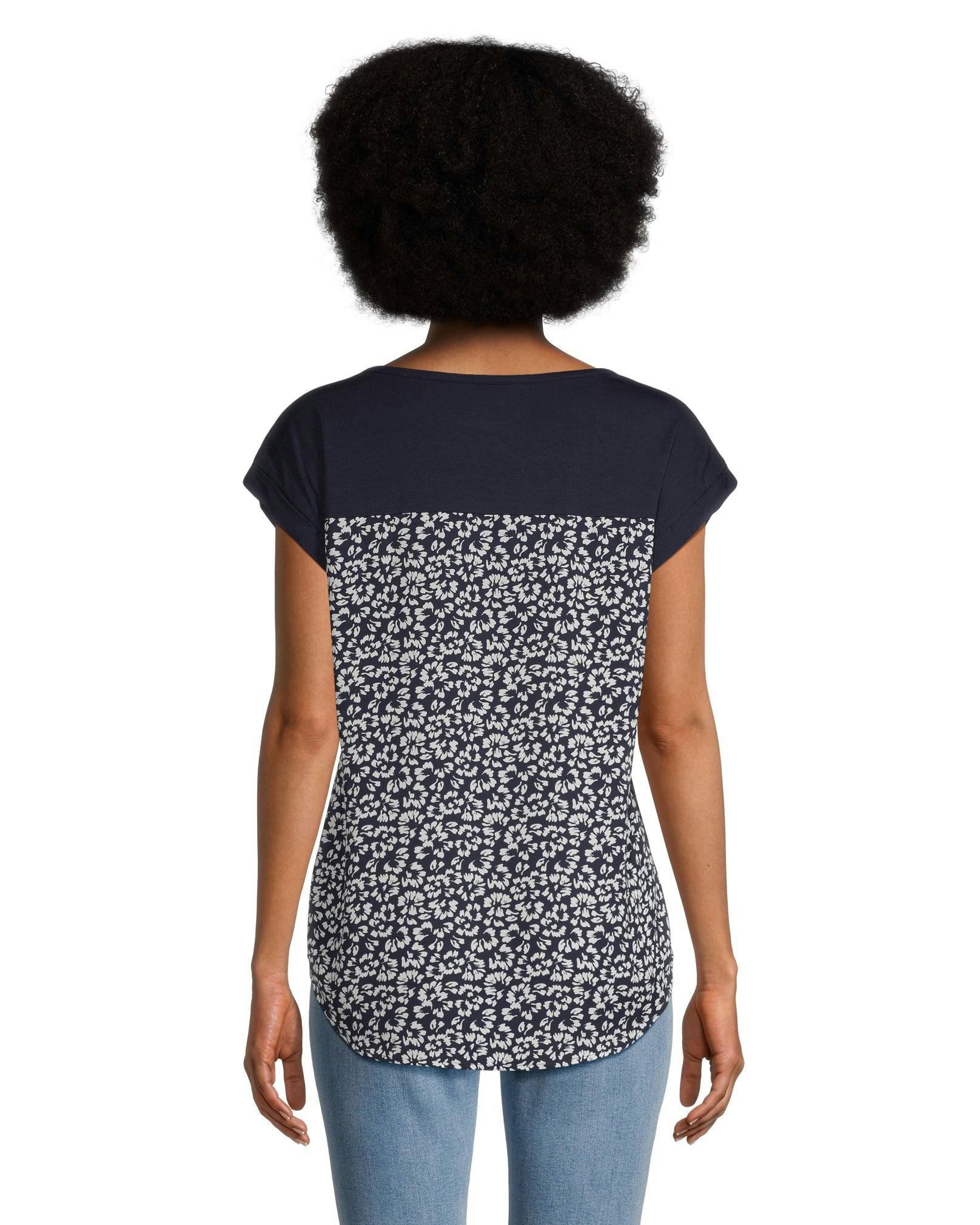 Denver Hayes Women's Mixed Media Printed Short Sleeve Blouse