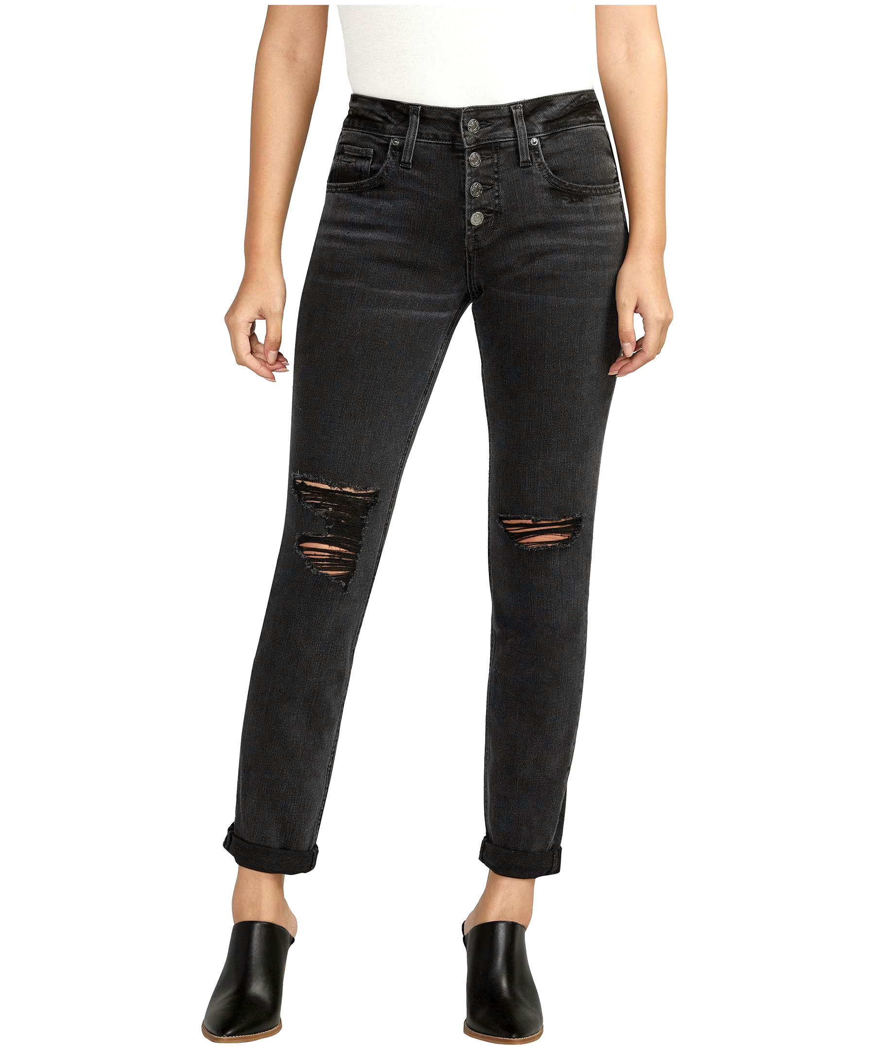 Silver Women's Mid Rise Relaxed Fit Slim Leg Boyfriend Jeans With Distressed Details