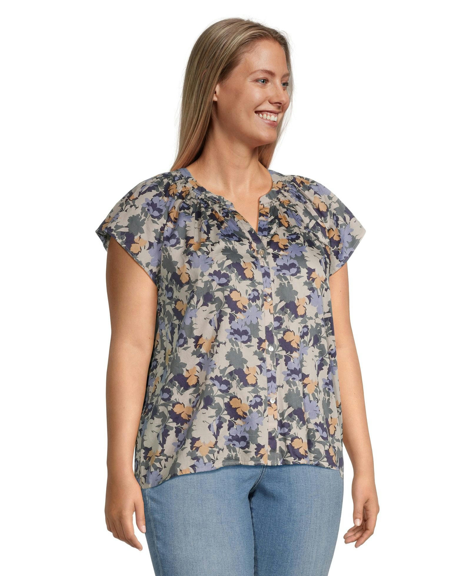Denver Hayes Women's Button-Up Short Sleeve Semi-Fitted Cotton Blouse