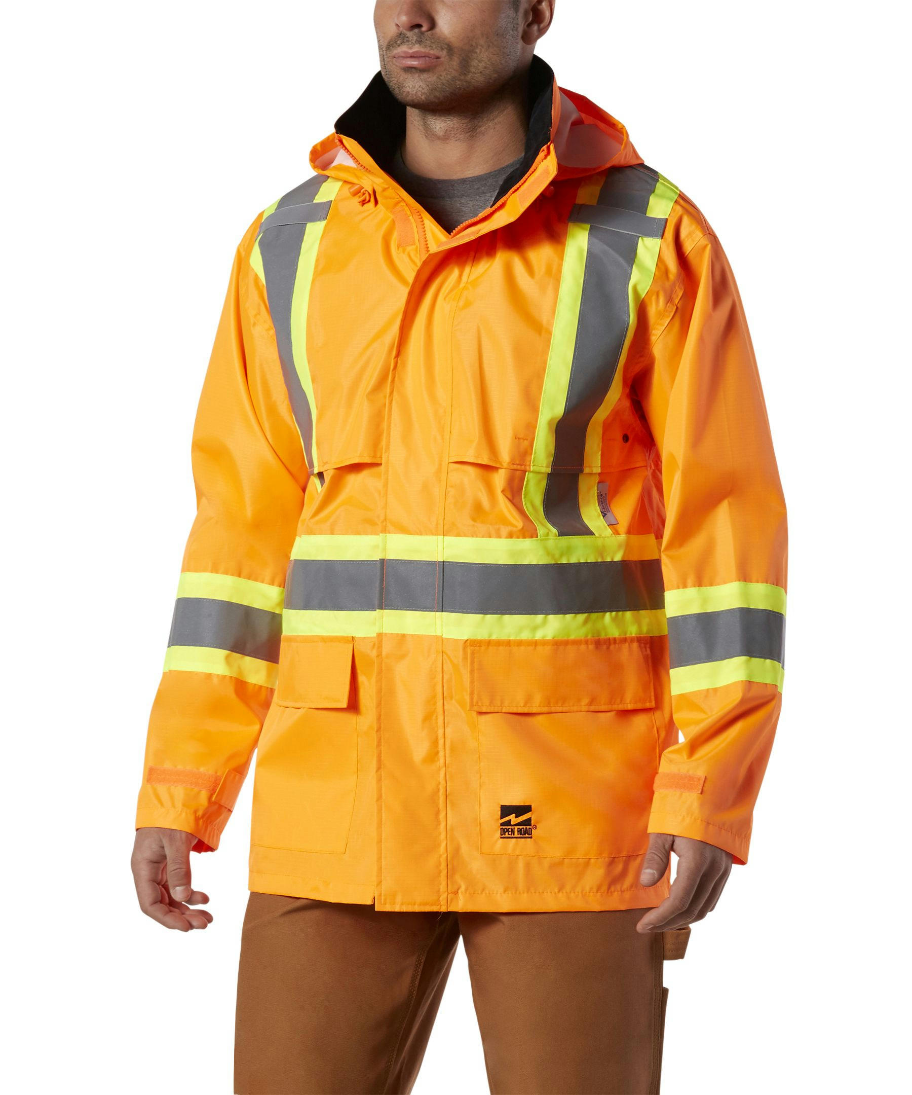 Open Road Men's Hi-Vis 150D Unlined Waterproof and Windproof Safety Rain Jacket