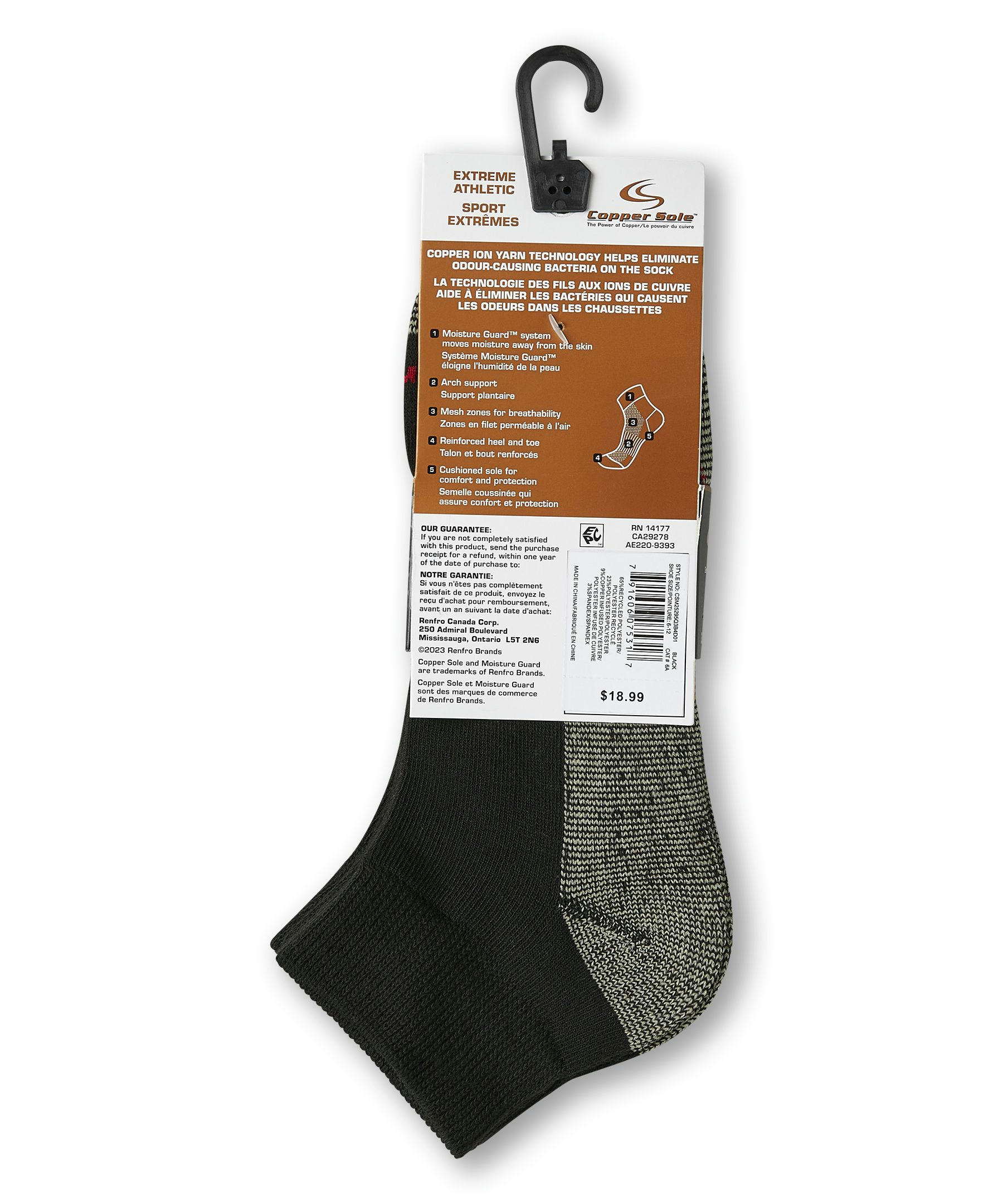 Copper Sole Men's 3 Pack Extreme Athletic Ankle Socks with Moisture Guard