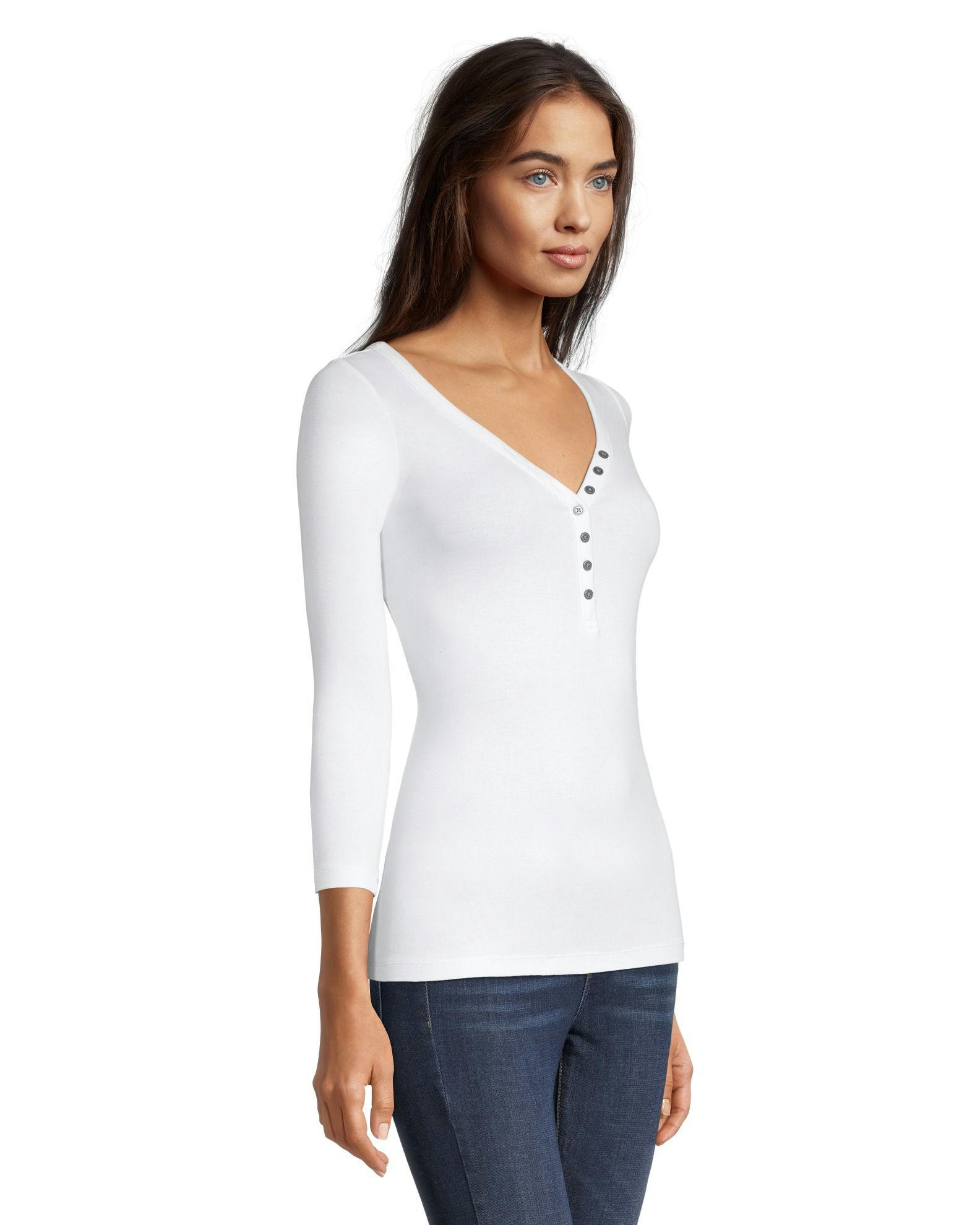 Denver Hayes Women's Three Quarter Sleeve Fitted Henley T Shirt