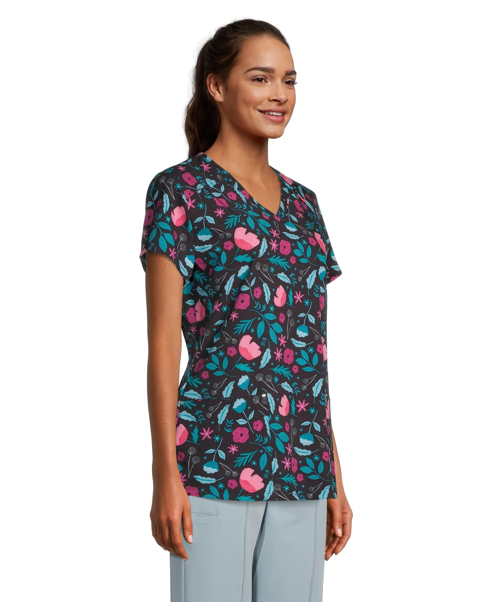 HEALTH PRO Women's V-Neck May Flowers Print Scrub Top