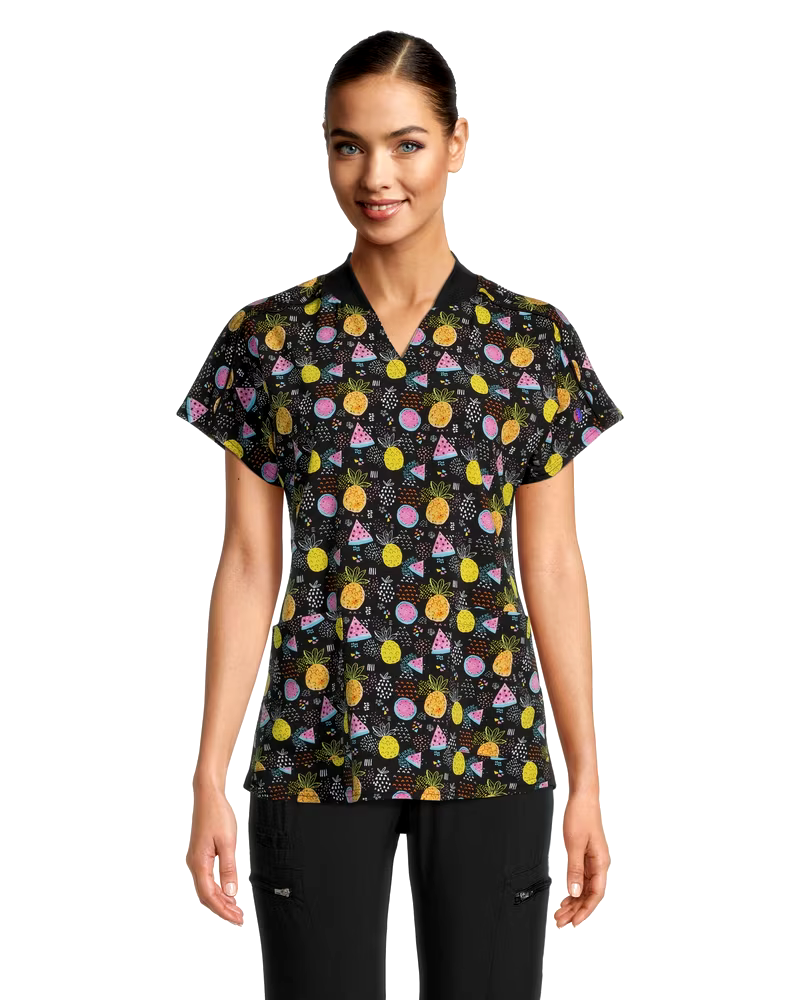 Scrubletics Women's 2 Pocket Chest Pocket V-Neck Scrub Top - Pineapple Party