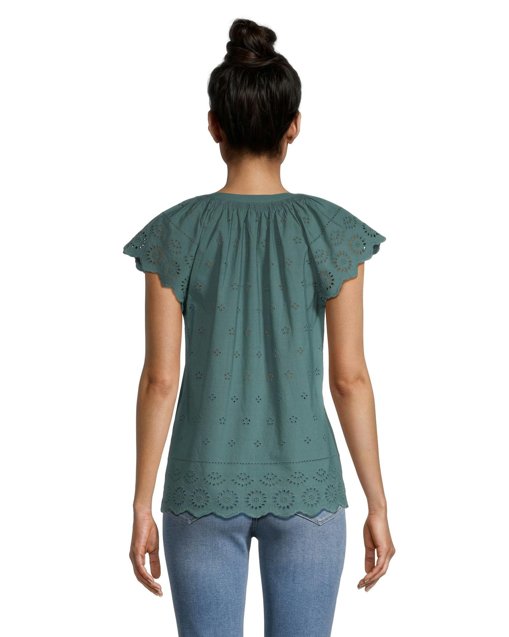 Denver Hayes Women's Embroidered Semi-Fitted Eyelet Cotton Blouse