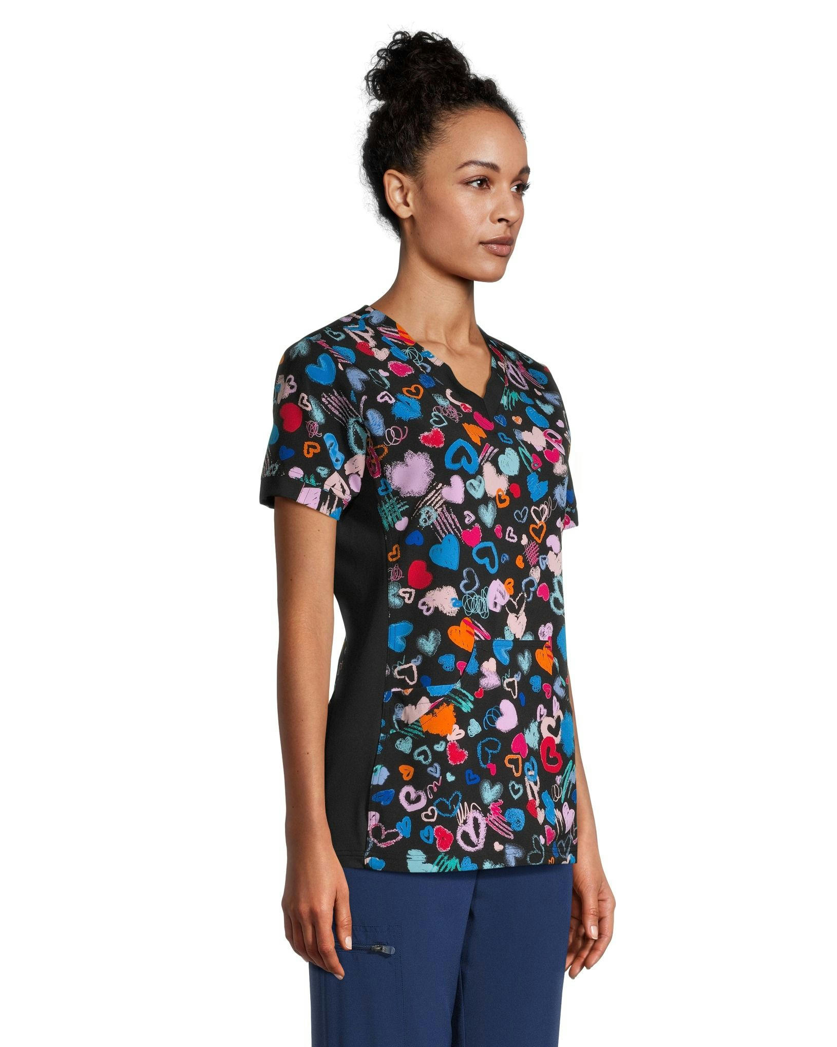Scrubletics Women's Kangaroo Pocket V Neck Grafitti Hearts Scrub Top