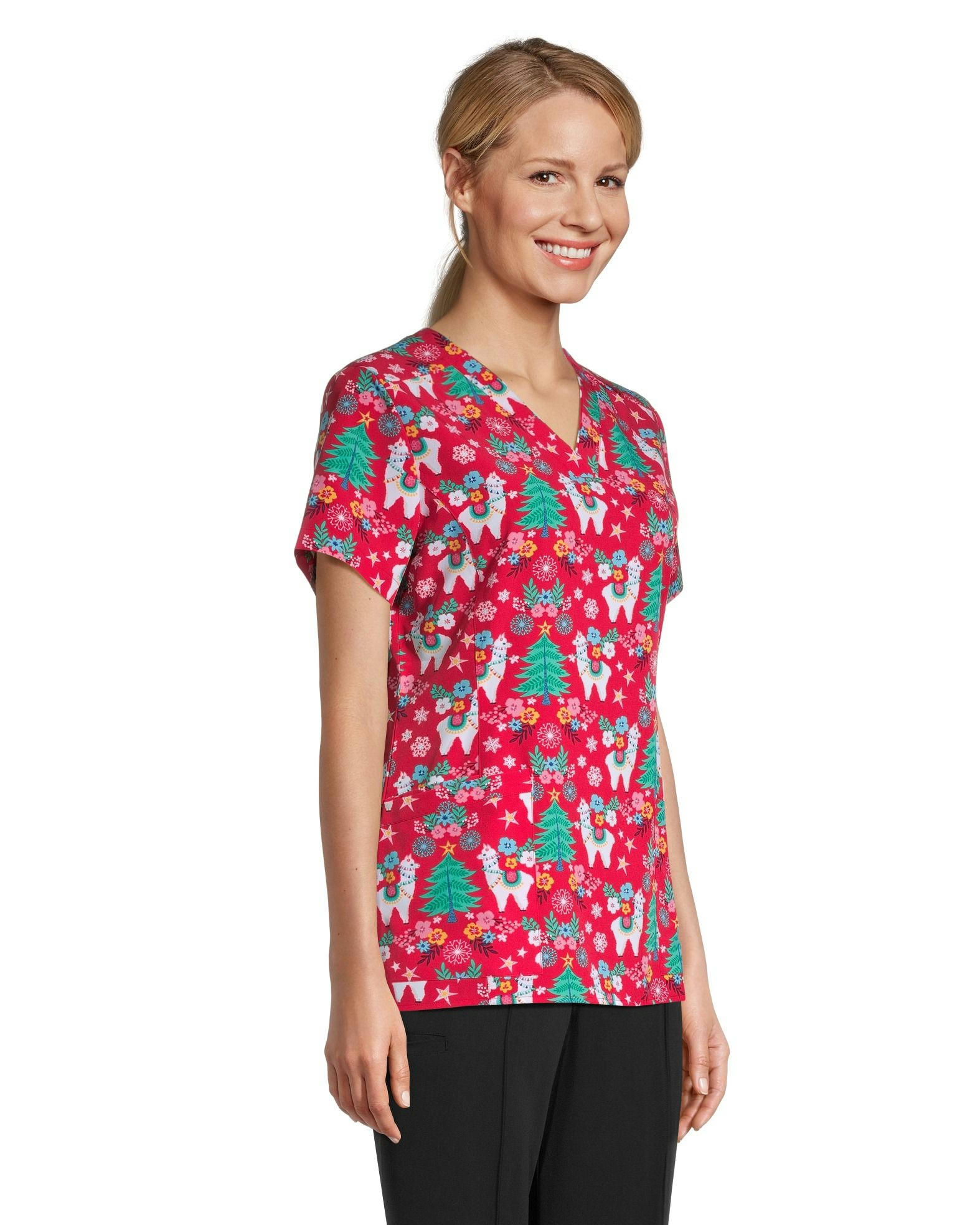 Health Pro Women's V Neck Patch Pocket Printed Scrub Top