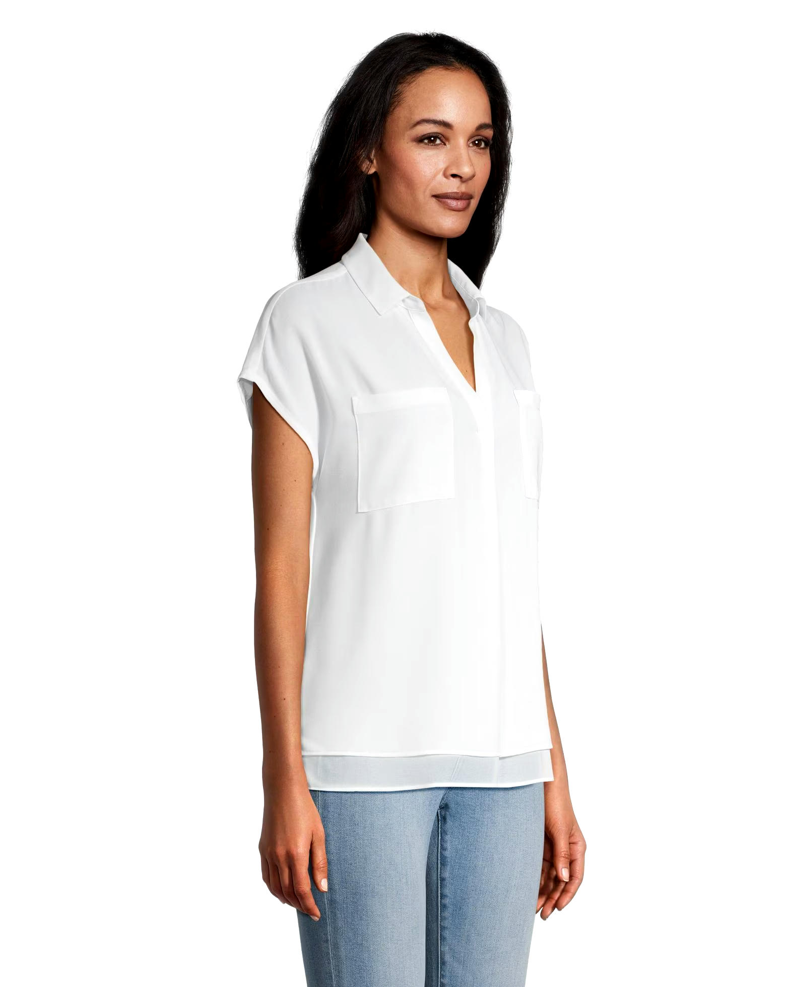 Denver Hayes Women's V-Neck Double Layer Short Sleeve Blouse