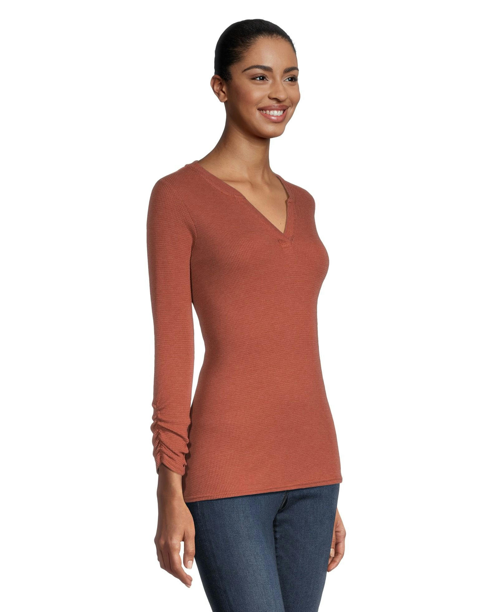 Denver Hayes Women's Semi Fitted Long Sleeve Y Neck Waffle Shirt