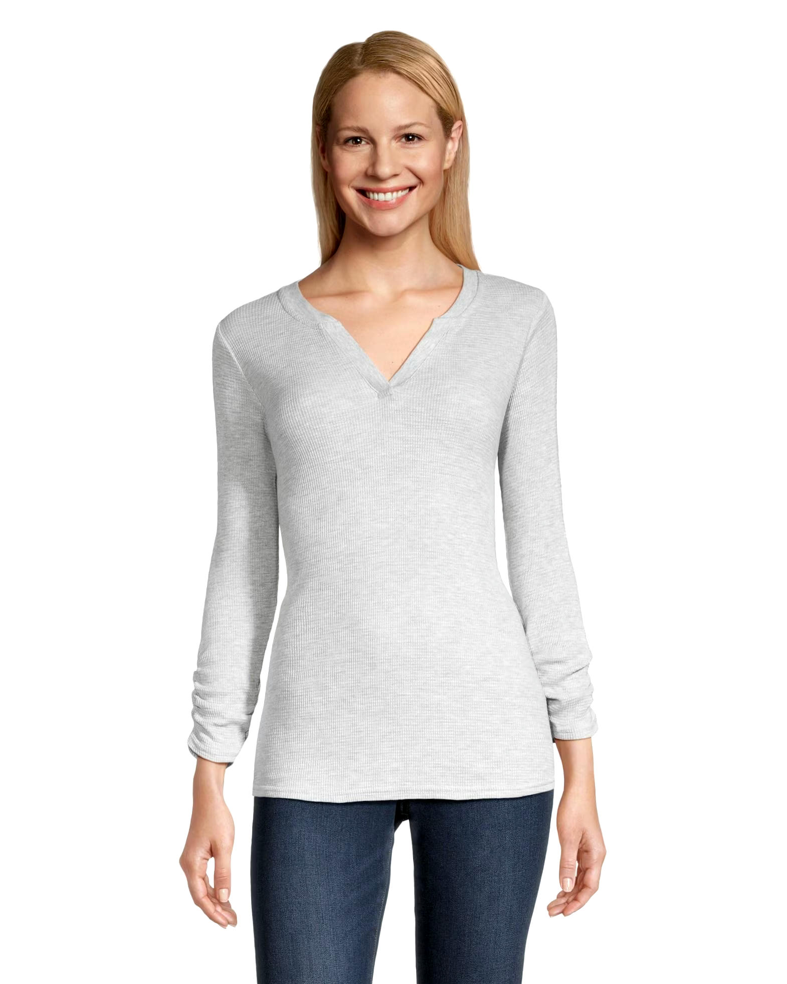 Denver Hayes Women's Semi Fitted Long Sleeve Y Neck Waffle Shirt