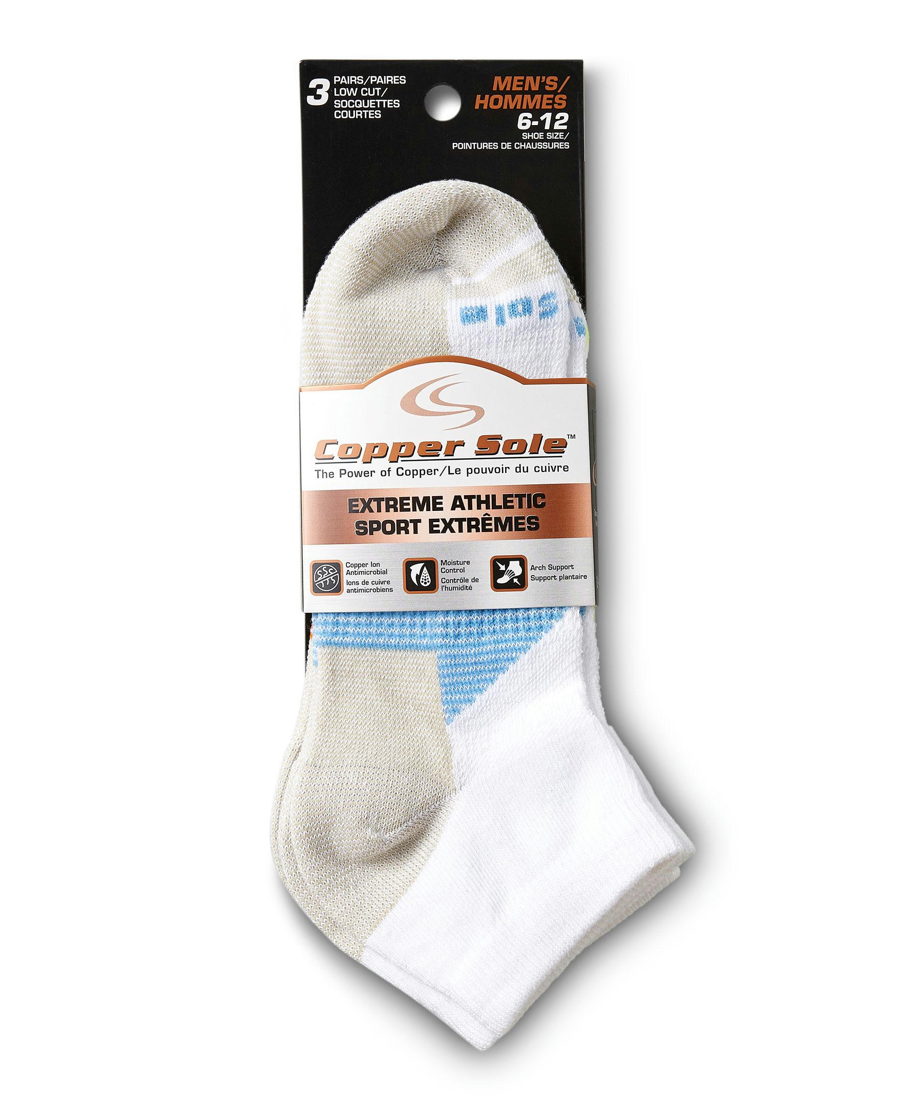 Copper Sole Men's 3 Pack Extreme Athletic Low Cut Socks with Moisture Guard