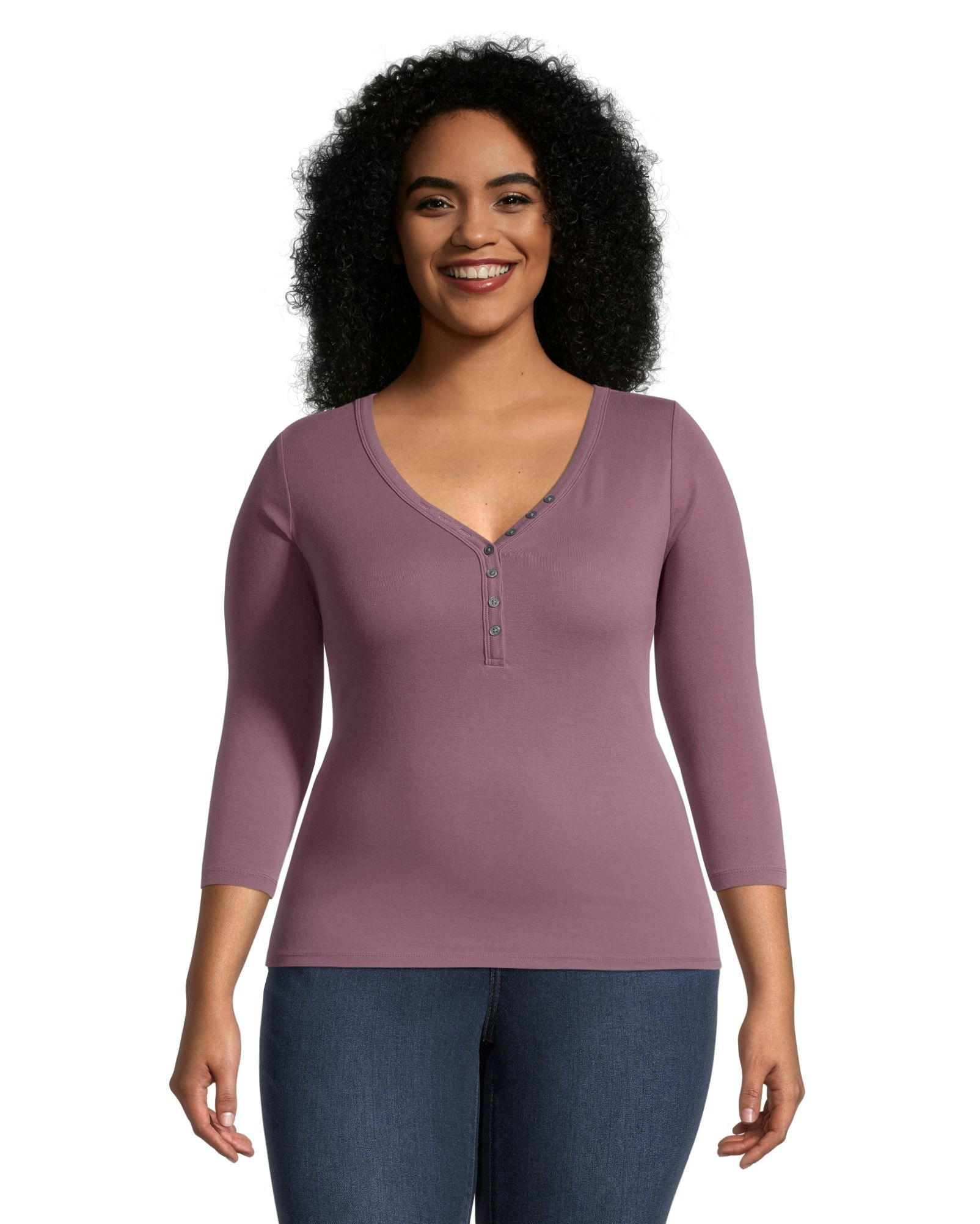 Denver Hayes Women's Three Quarter Sleeve Fitted Henley T Shirt