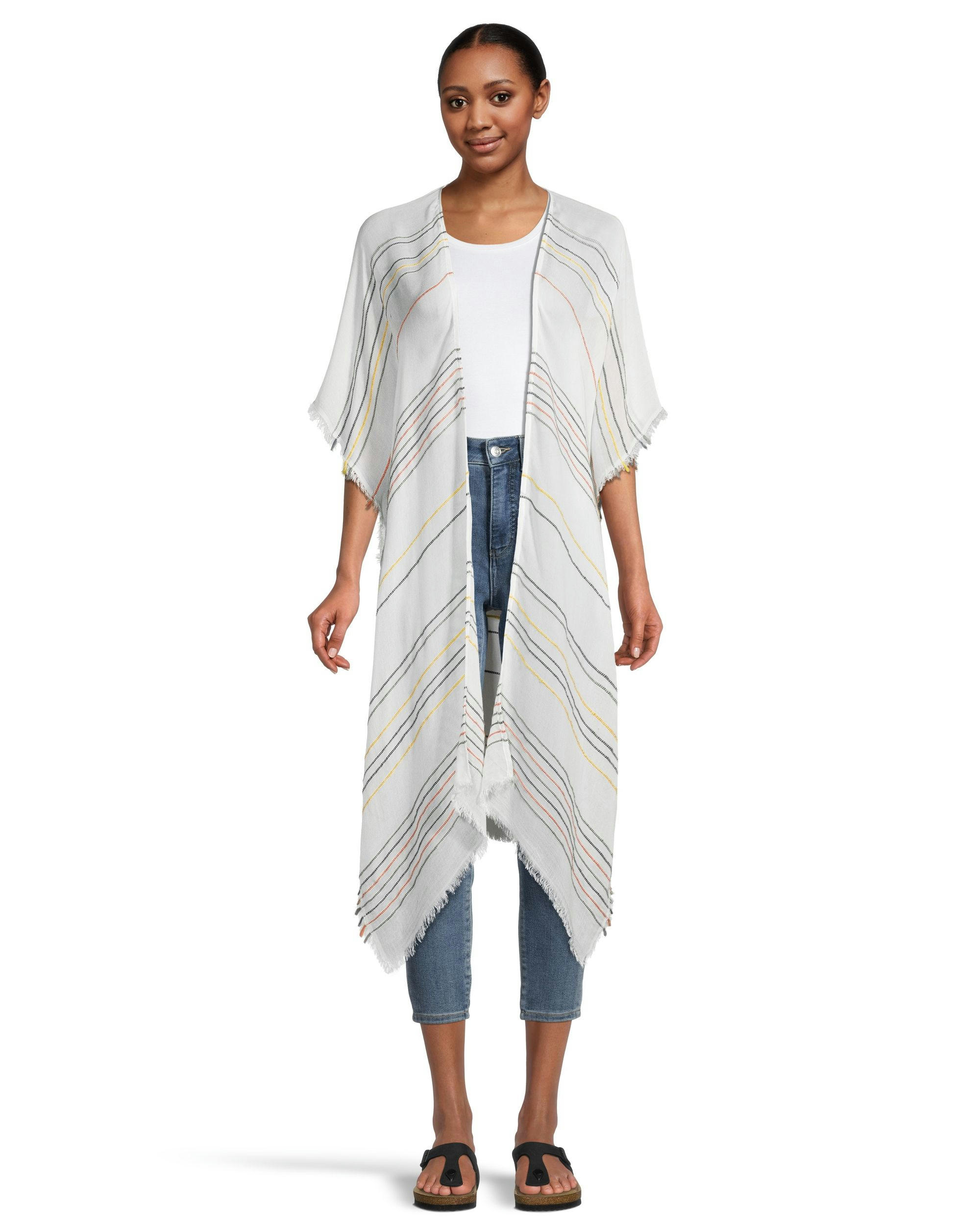 FarWest Women's Striped Ruana Frayed Edge