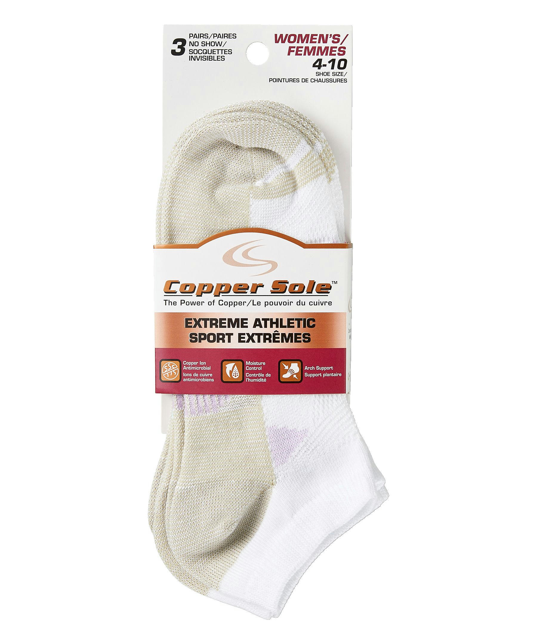 Copper Sole Women's 3 Pack Extreme Athletic No Show  Socks