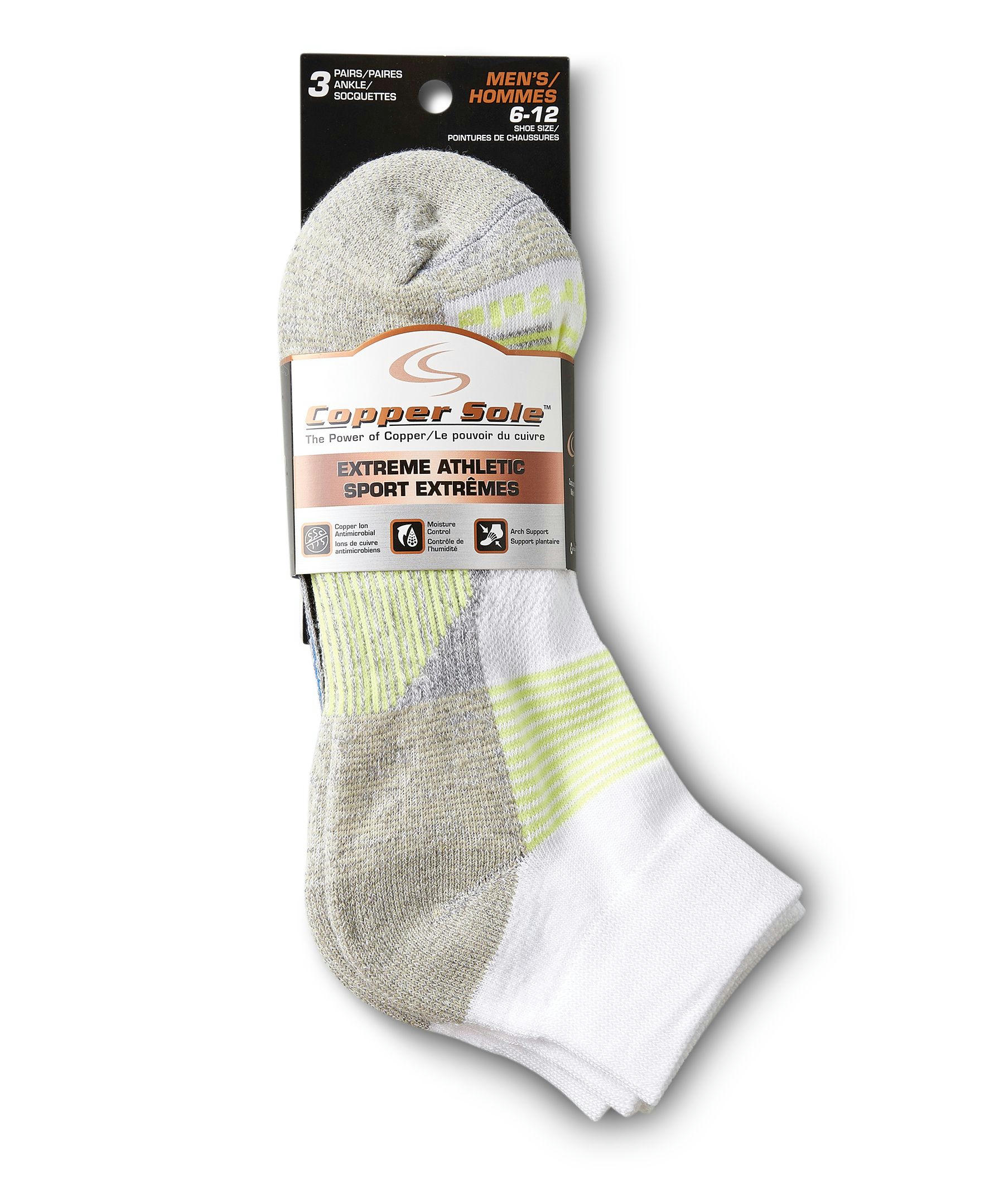 Copper Sole Men's 3 Pack Extreme Athletic Ankle Socks with Moisture Guard