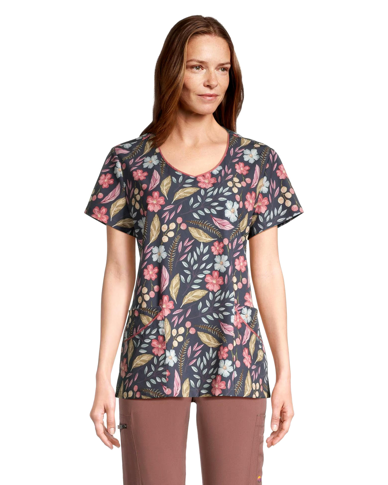 Scrubletics Women's Curved V-Neck Print Scrub Top - Grey Bloom