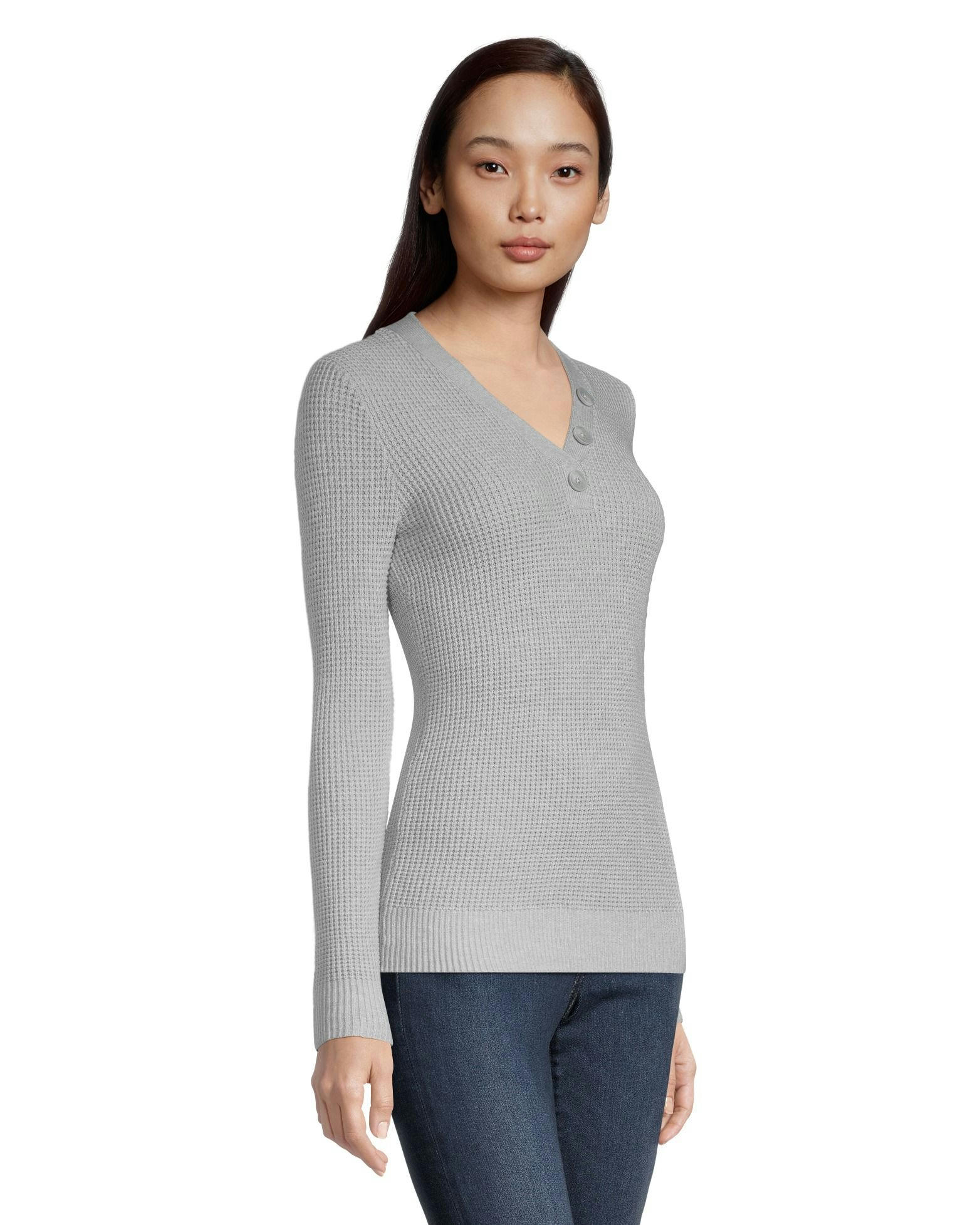 Denver Hayes Women's Fitted Long Sleeve V Neck Waffle Henley Sweater